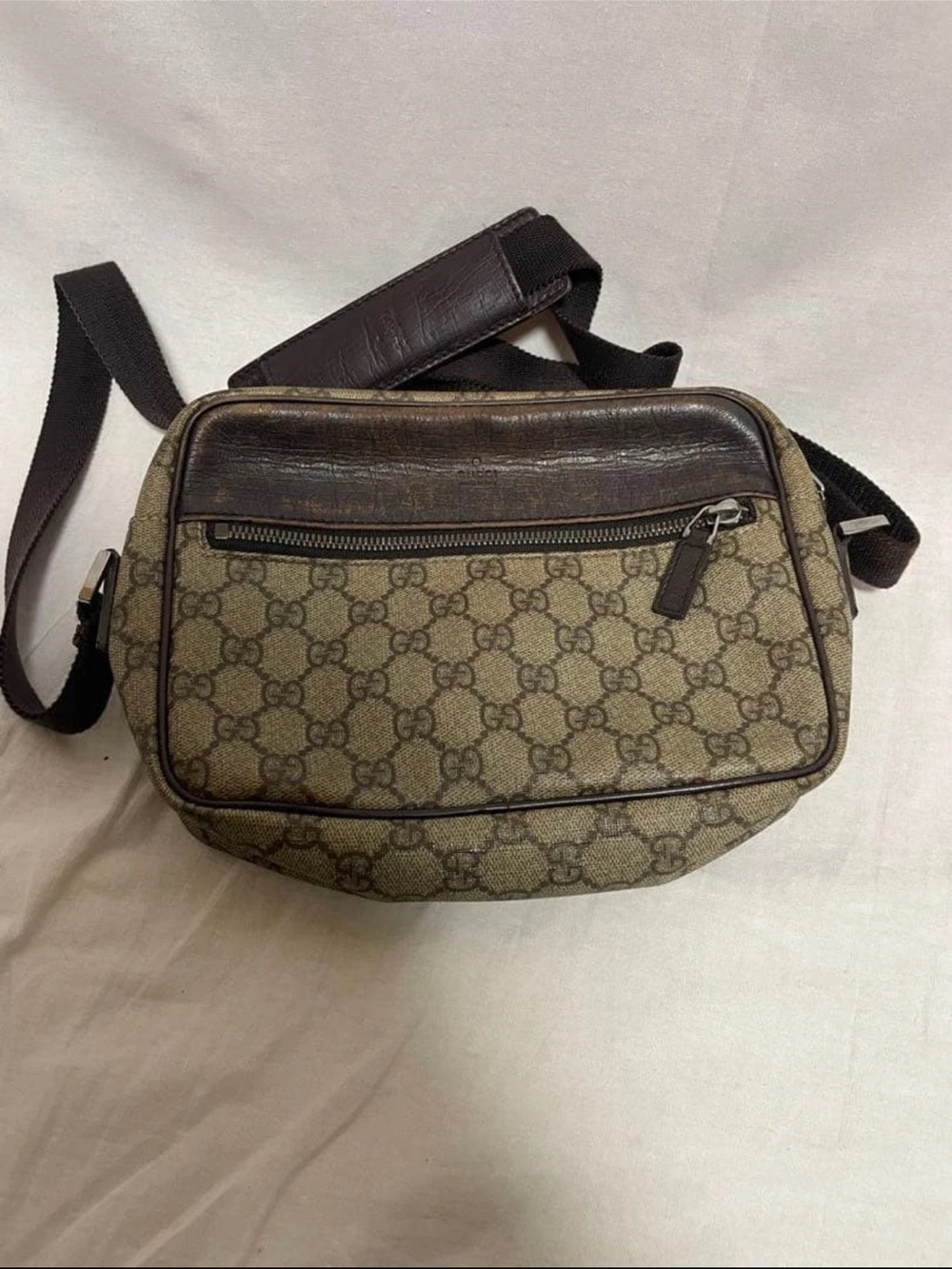 Gucci Beige GG Canvas Shoulder Bag with Dark Brown Trim